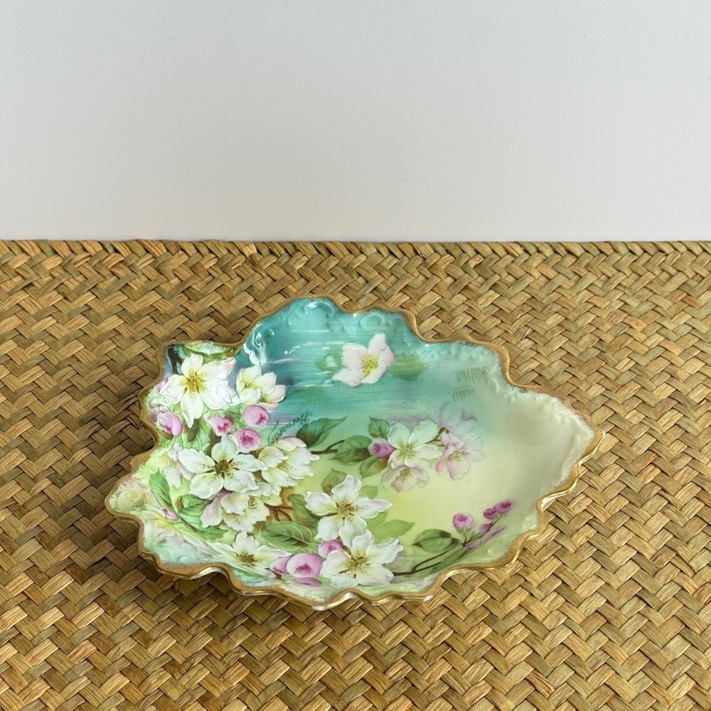 Vintage Handpainted Bavarian Spring Apple‎ Blossom Leaf Trinket Dish Bernardo